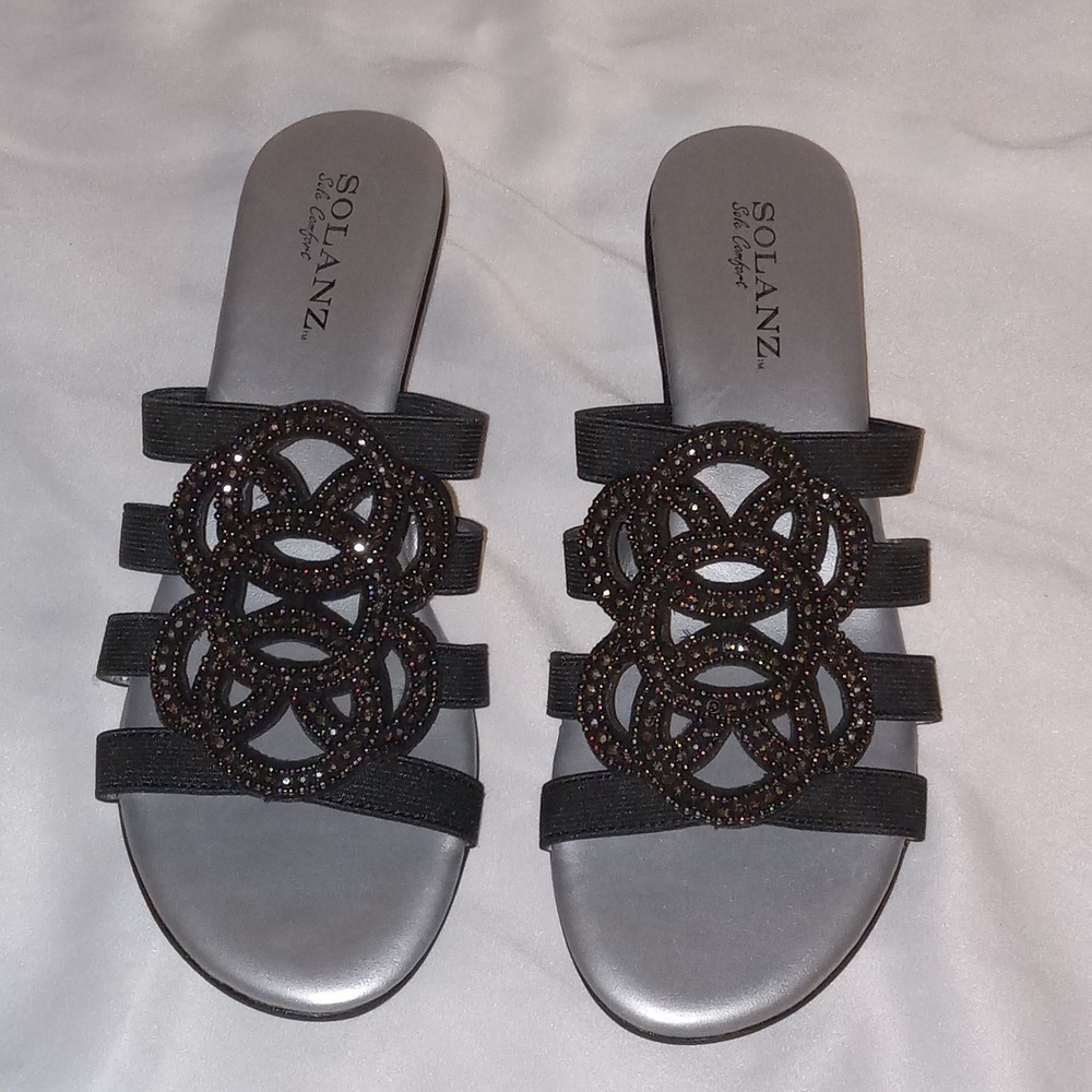 Solanz Lizzy Wedge Sandals Womens 7.5W Black Beaded Rhinestone Elastic Strappy